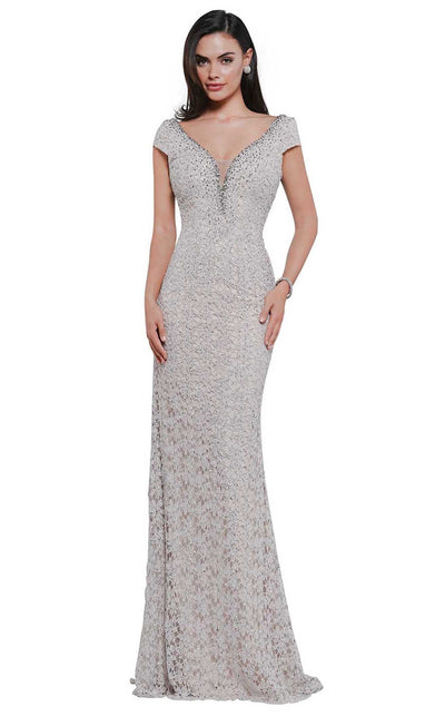 Rina Di Montella - RD2656 Lace Cap Sleeve Deep V-neck Fitted Dress Evening Dresses 4 / Light Taupe