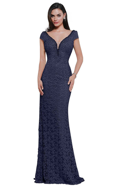 Rina Di Montella - RD2656 Lace Cap Sleeve Deep V-neck Fitted Dress Evening Dresses 4 / Navy