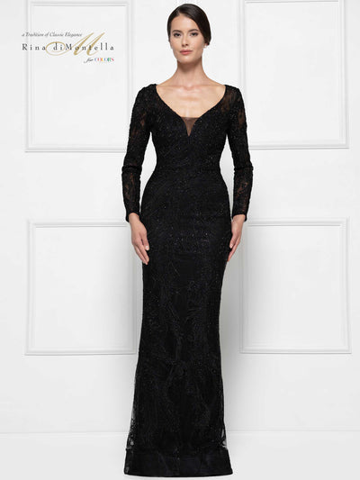 Rina Di Montella - RD2668 Embroidered Long Sleeve Sheath Dress Mother of the Bride Dresses 4 / Black