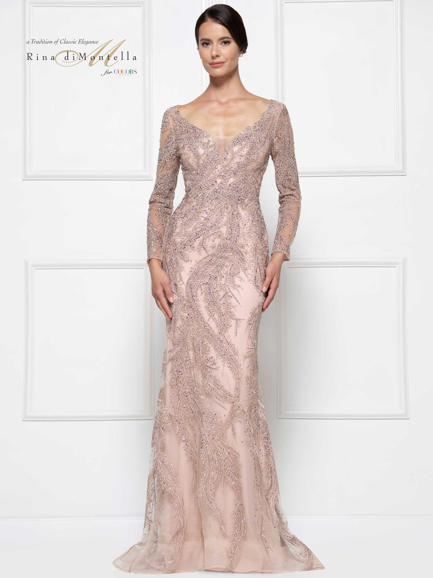 Rina Di Montella - RD2668 Embroidered Long Sleeve Sheath Dress Mother of the Bride Dresses 4 / Rose Taupe