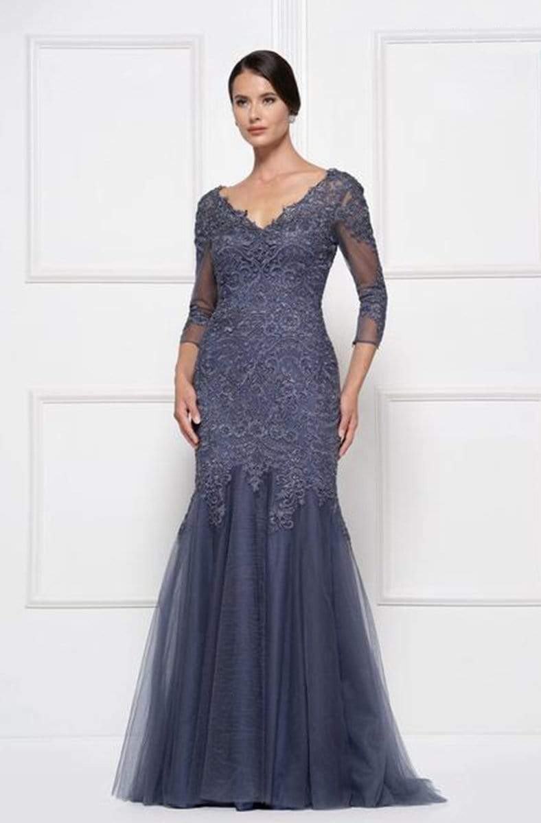 Rina Di Montella - RD2682 Embroidered V-neck Trumpet Dress Mother of the Bride Dresses 4 / Slate Blue