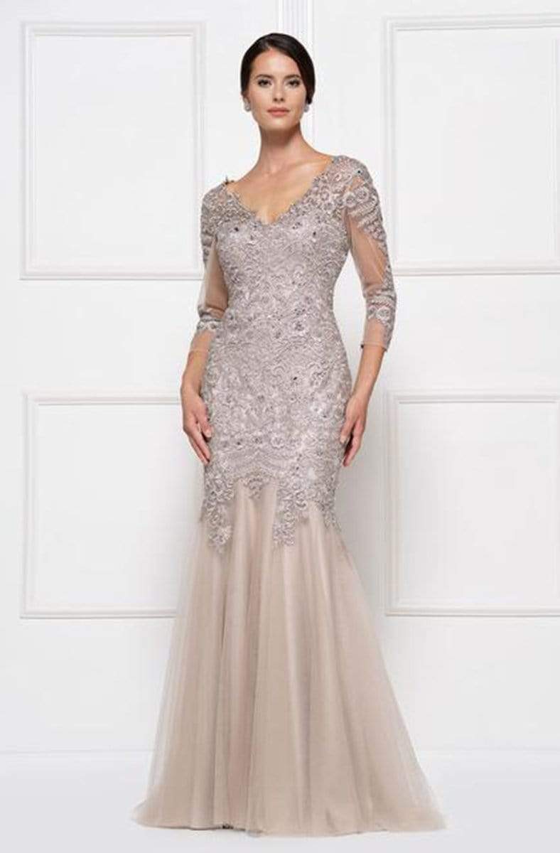 Rina Di Montella - RD2682 Embroidered V-neck Trumpet Dress Mother of the Bride Dresses 4 / Taupe