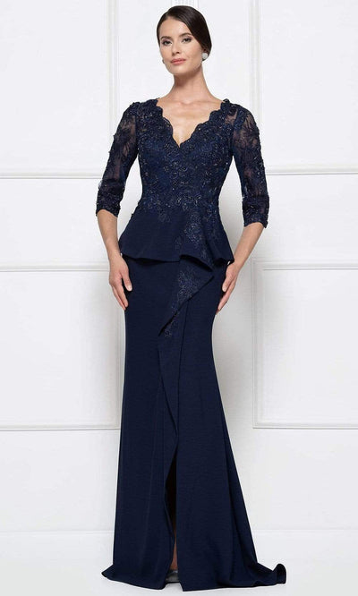 Rina Di Montella - RD2685 Embroidered Scalloped V-neck Sheath Dress Mother of the Bride Dresses 4 / Navy