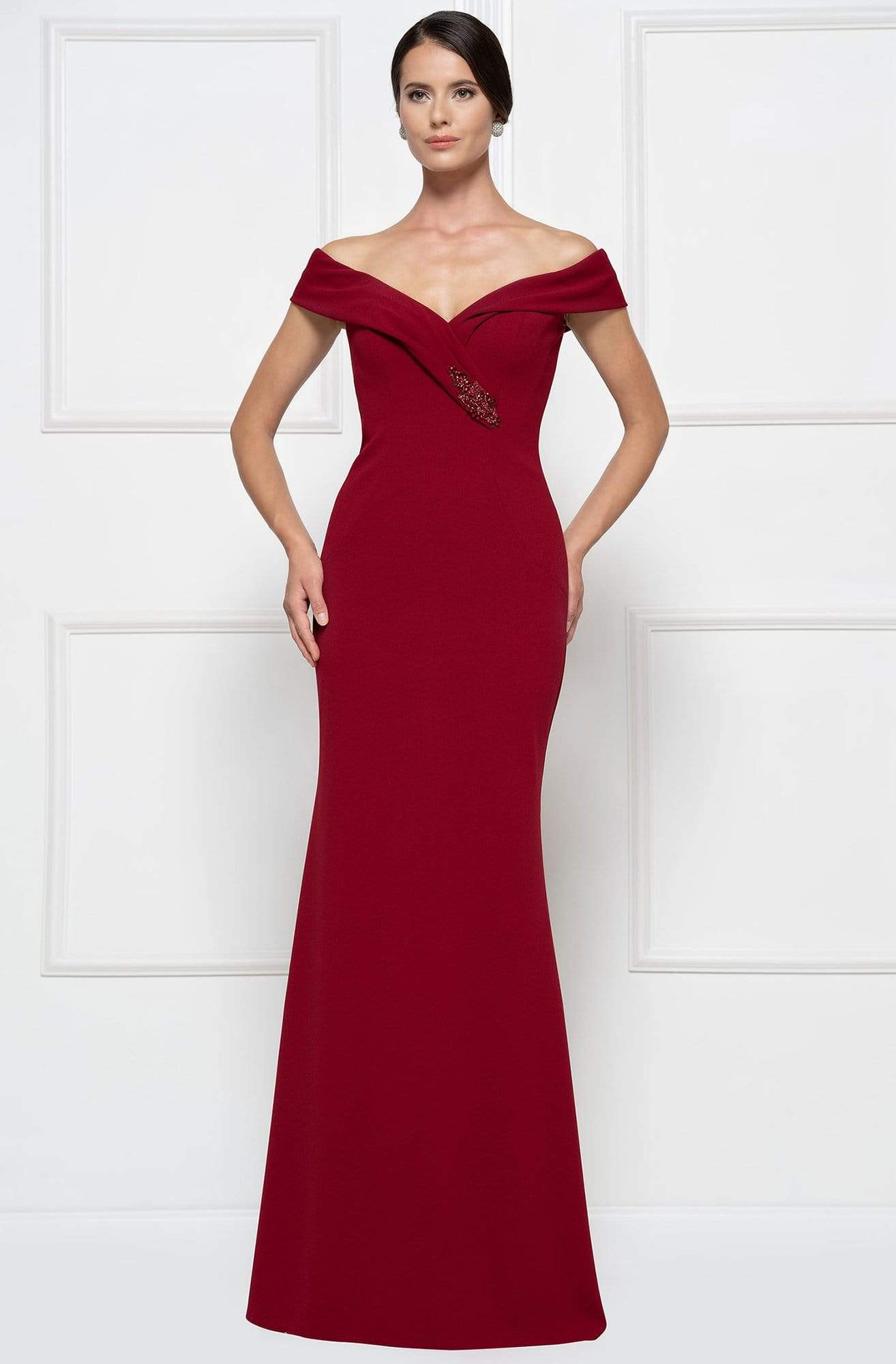 Rina Di Montella - RD2690 Embellished Off-Shoulder Sheath Dress Evening Dresses 4 / Wine