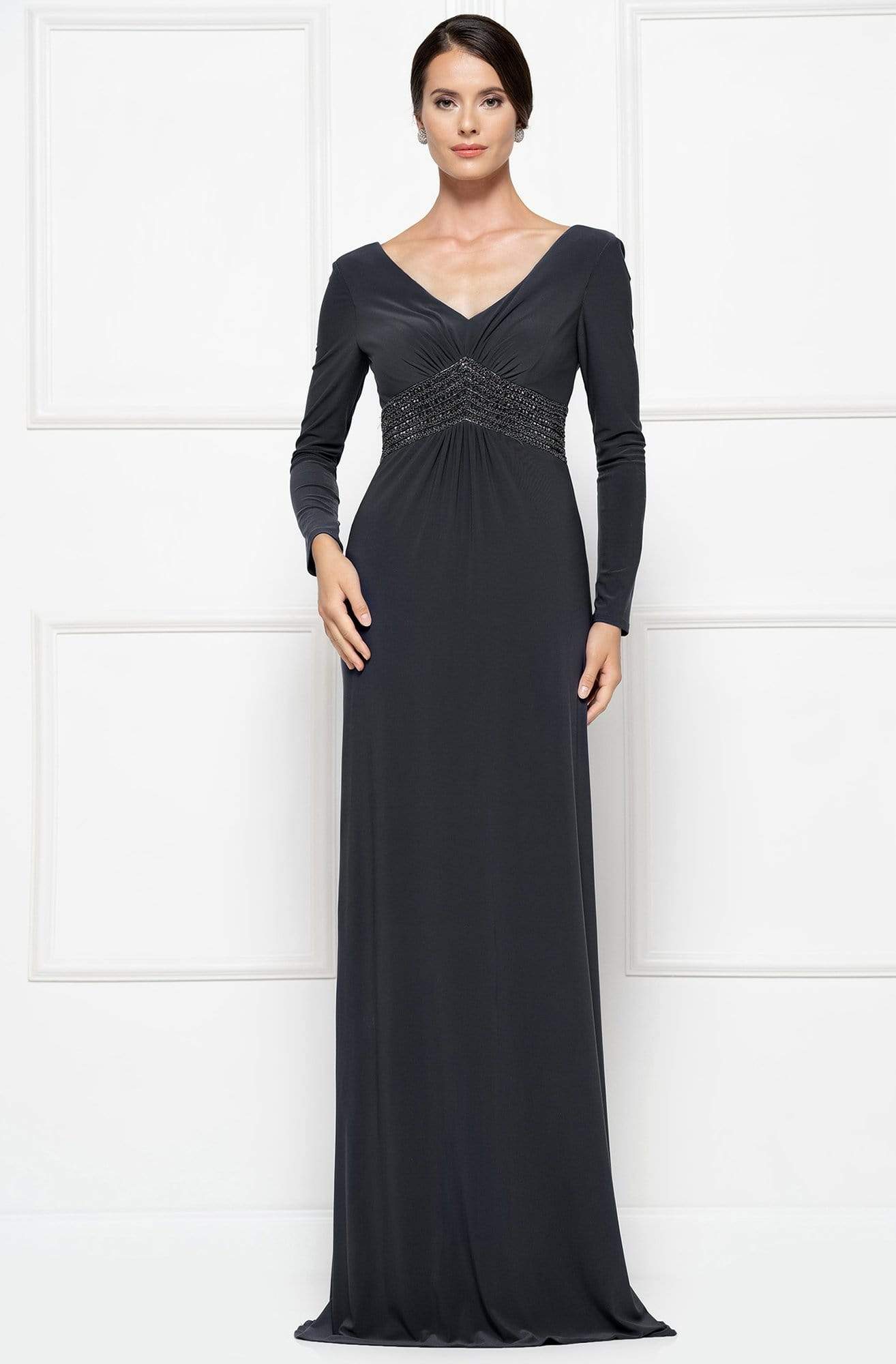Rina Di Montella - RD2691 Long Sleeve Embellished Sheath Dress Mother of the Bride Dresses 4 / Gunmetal