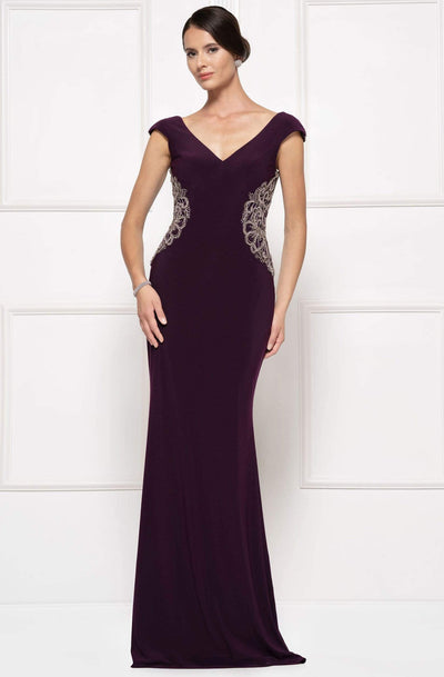 Rina Di Montella - RD2692 V-neck Embellished Sheath Dress Evening Dresses 4 / Aubergine