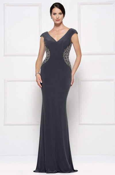 Rina Di Montella - RD2692 V-neck Embellished Sheath Dress Evening Dresses 4 / Gunmetal