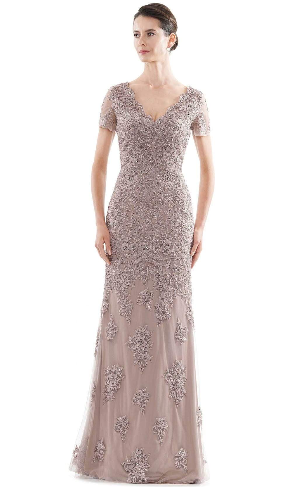 Rina Di Montella - RD2710 Scallop V-Neck Embroidered Mesh Gown Mother of the Bride Dresses 4 / Dark Taupe