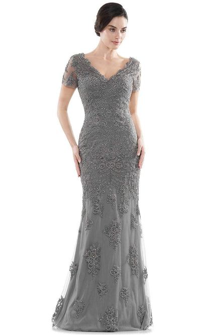 Rina Di Montella - RD2710 Scallop V-Neck Embroidered Mesh Gown Mother of the Bride Dresses 4 / Gunmetal
