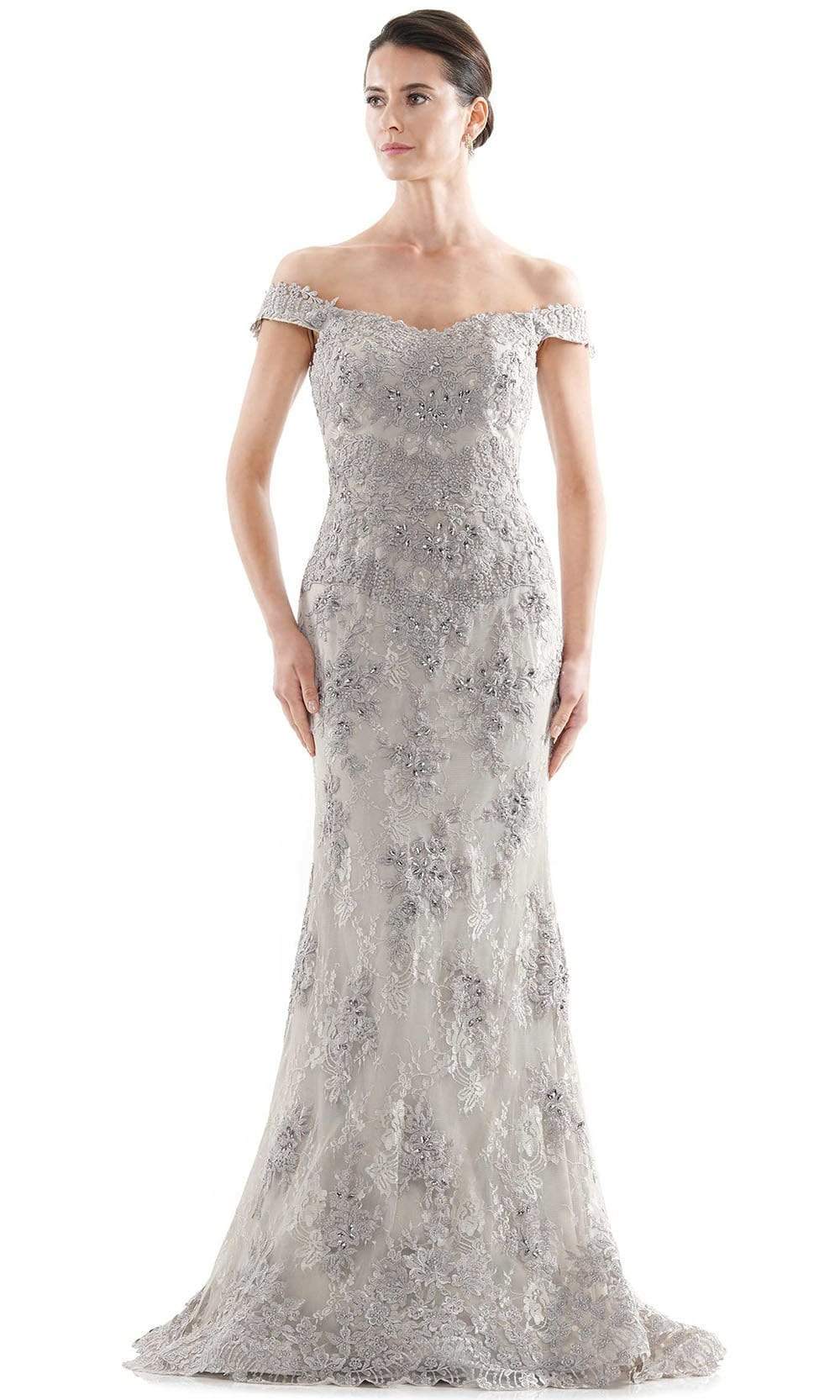 Rina Di Montella - Off Shoulder Ornate Lace Gown RD2711SC In Gray and Silver