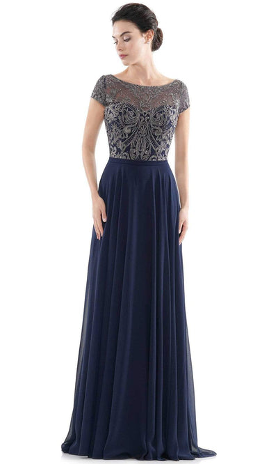 Rina Di Montella - RD2719 Sheer Neck Embroidered Bodice Chiffon Gown Mother of the Bride Dresses 4 / Navy
