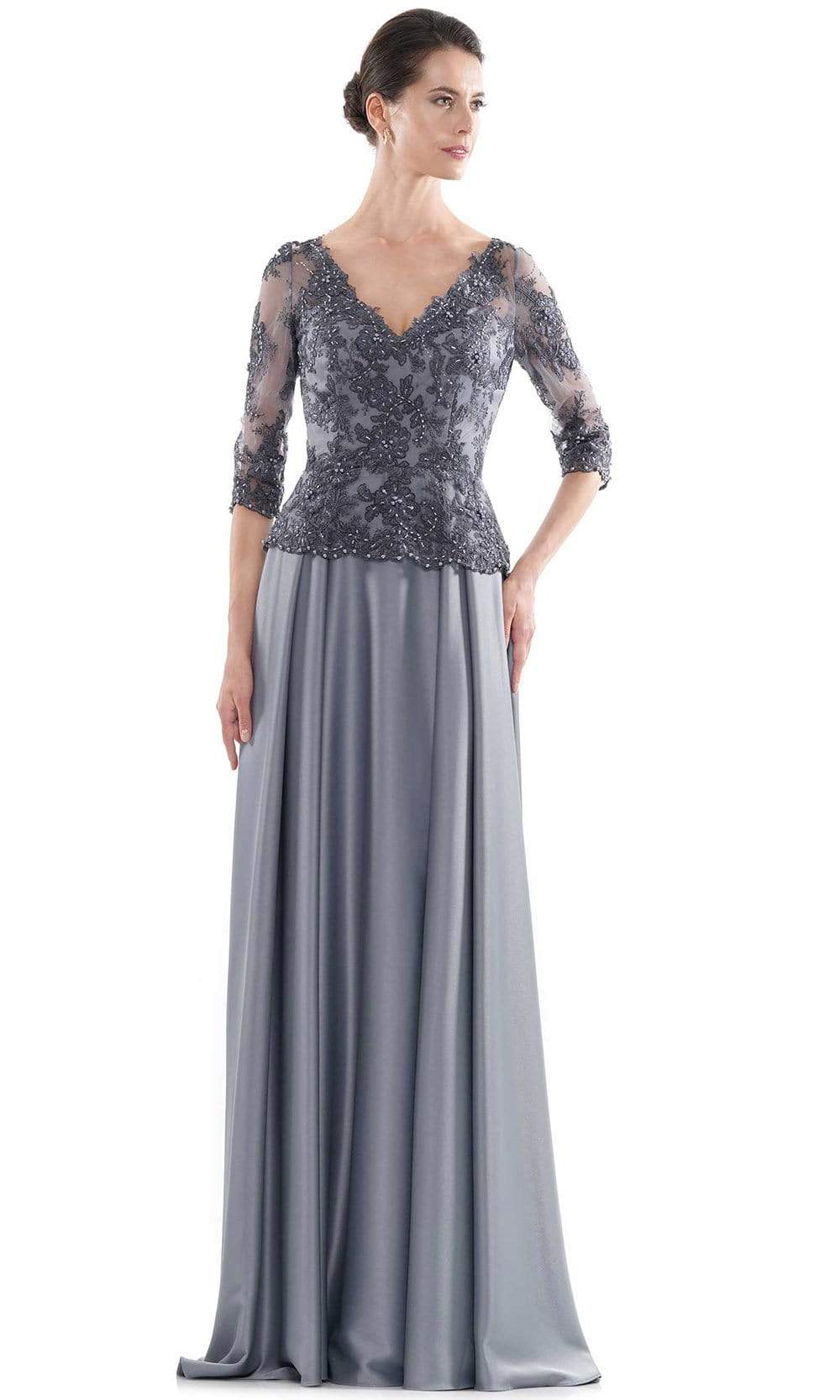 Rina Di Montella - RD2720 Semi-Sheer Embroidered Bodice Satin Gown Mother of the Bride Dresses 4 / Slate Blue