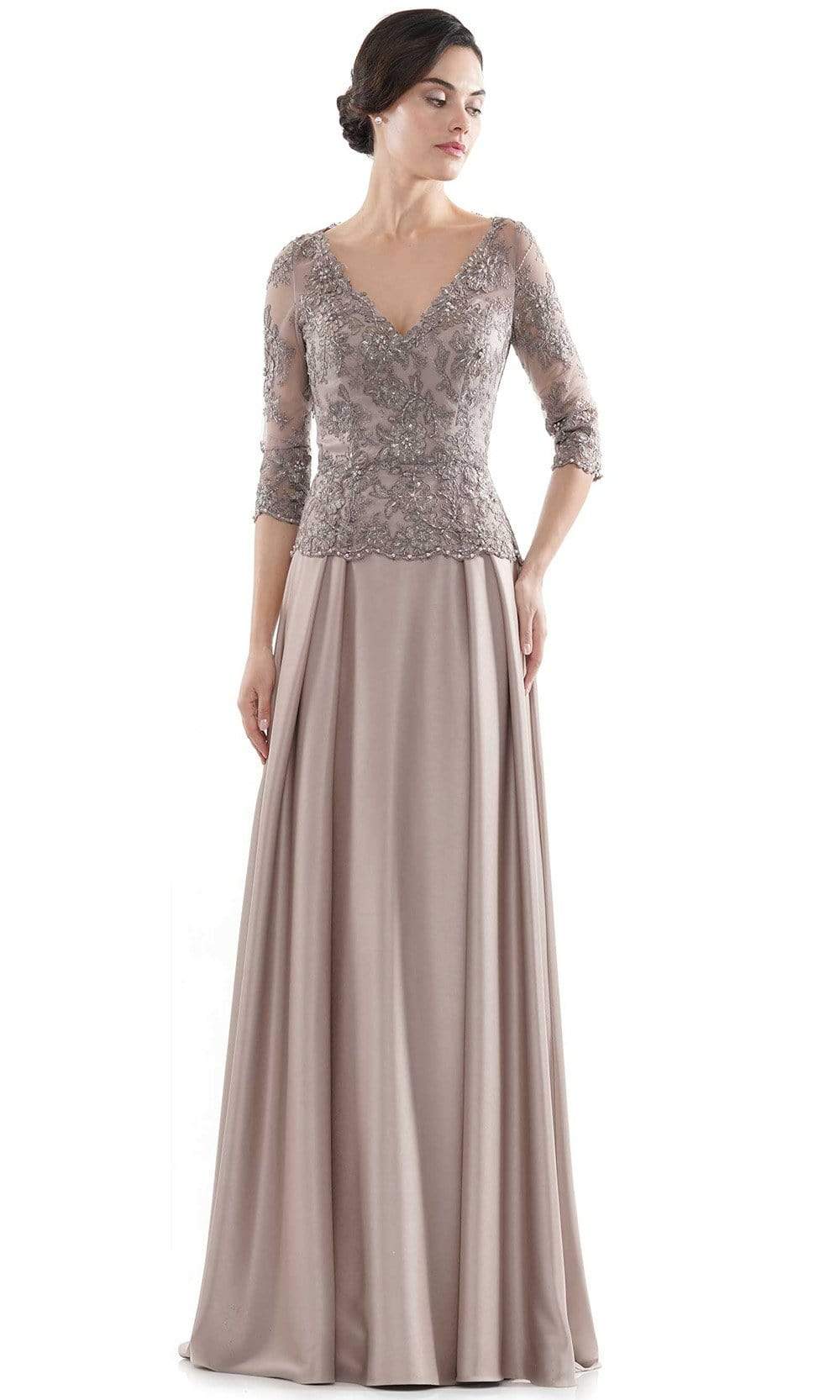 Rina Di Montella - RD2720 Semi-Sheer Embroidered Bodice Satin Gown Mother of the Bride Dresses 4 / Taupe