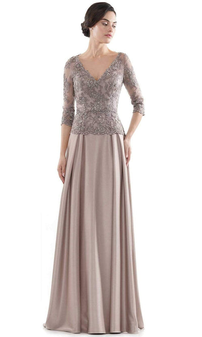 Rina Di Montella - RD2720 Semi-Sheer Embroidered Bodice Satin Gown Mother of the Bride Dresses 4 / Taupe