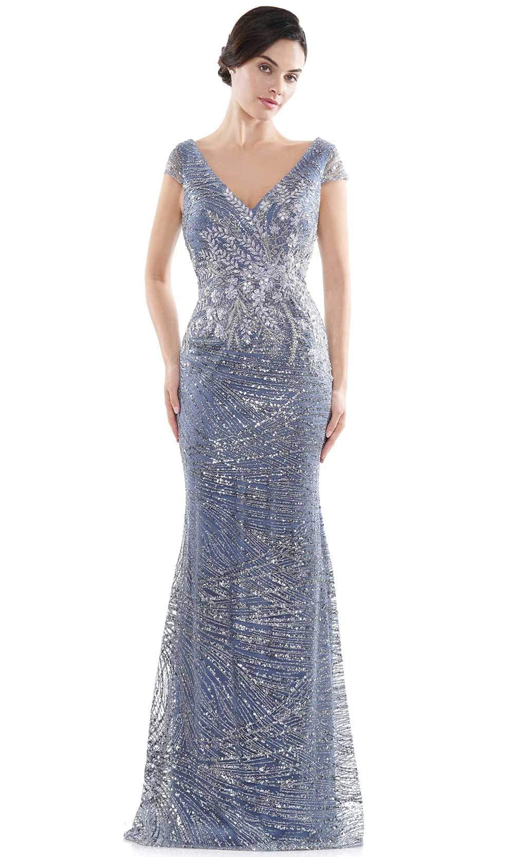 Rina Di Montella - RD2723 V-Neck 3D Floral Appliqued Glitter Gown Mother of the Bride Dresses 4 / Wedgewood