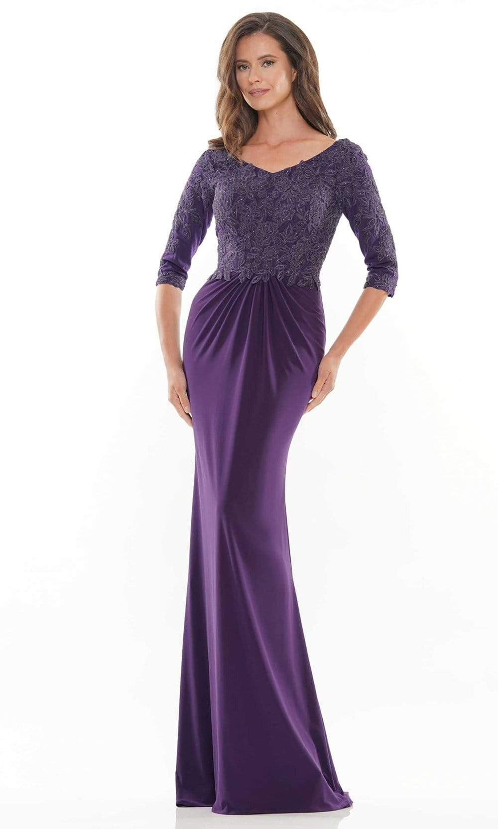 Rina Di Montella - RD2731 Quarter Sleeve Lace Bodice Gown Mother of the Bride Dresess 6 / Eggplant