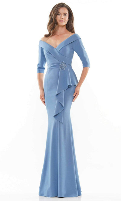 Rina Di Montella - RD2733 Quarter Sleeve Brooch Drape Gown Mother of the Bride Dresses 6 / Slate Blue