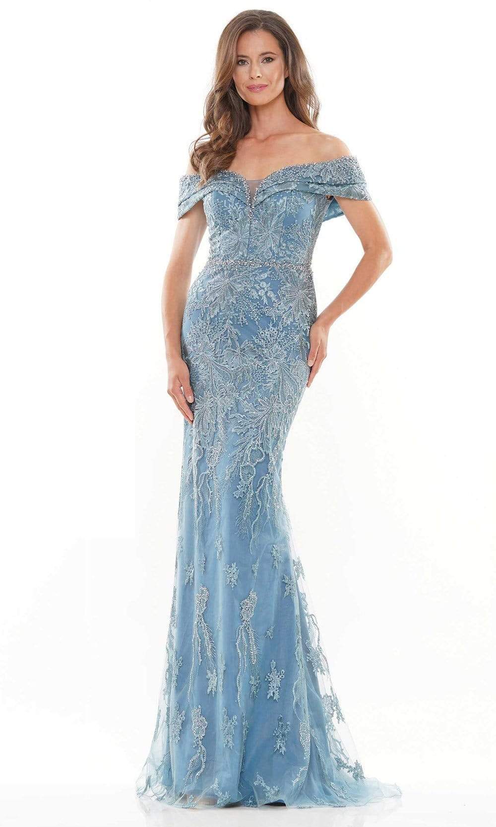 Rina Di Montella - RD2737 Beaded Lace Mermaid Gown Mother of the Bride Dresess 6 / Wedgewood