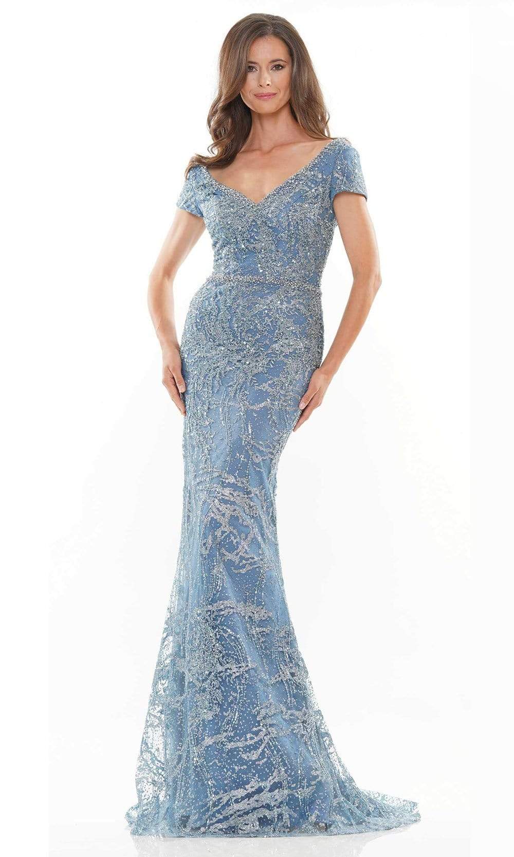 Rina Di Montella - RD2738 V Neck and Back Glittered Column Gown Mother of the Bride Dresses 6 / Wedgewood