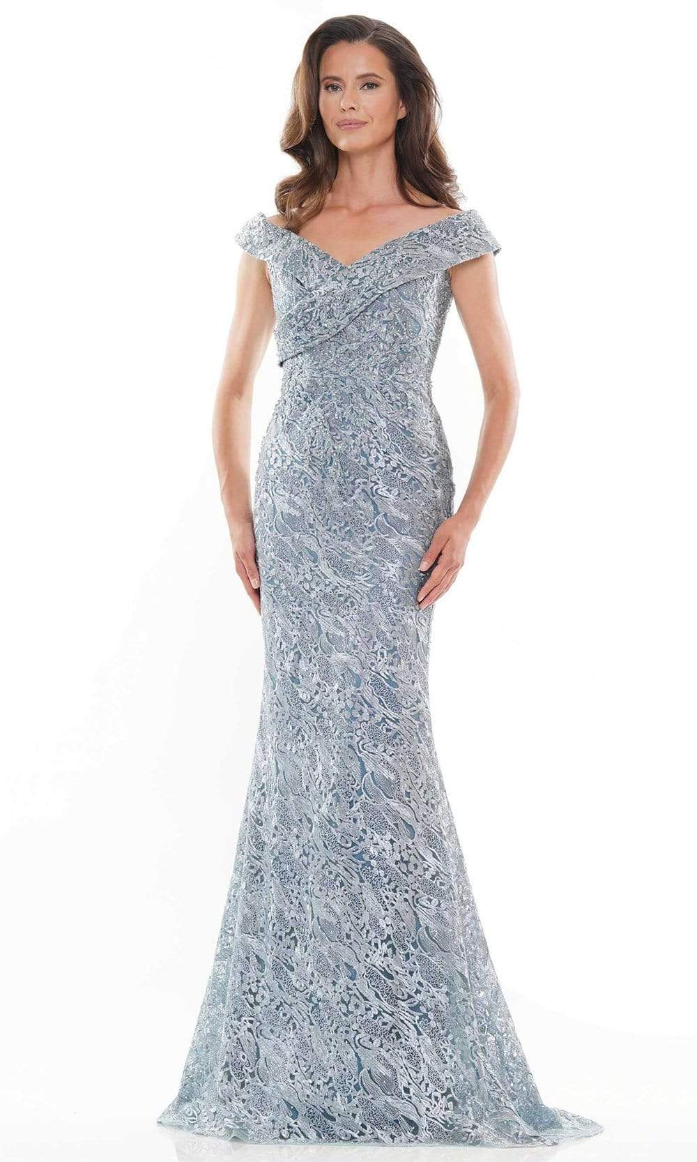 Rina Di Montella - RD2740 Off Shoulder Ornate Lace Gown Mother of the Bride Dresess 6 / Light Blue