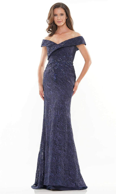 Rina Di Montella - RD2740 Off Shoulder Ornate Lace Gown Mother of the Bride Dresess 6 / Navy