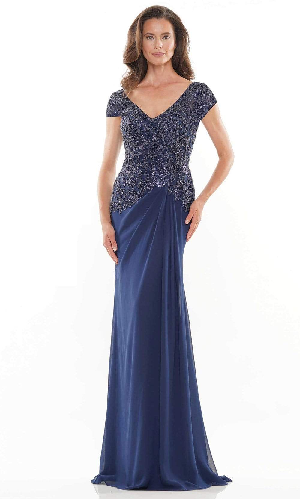 Rina Di Montella - RD2743 Cap Sleeve Ornate Lace Gown Mother of the Bride Dresess 6 / Navy