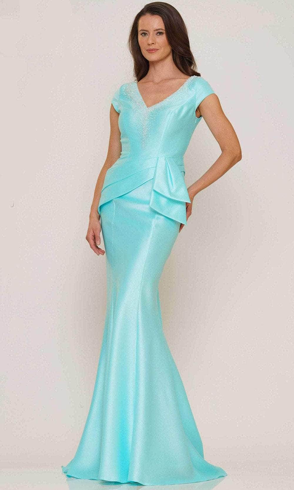 Rina Di Montella RD2752 - Bow Peplum Evening Dress Special Occasion Dress 4 / Aqua