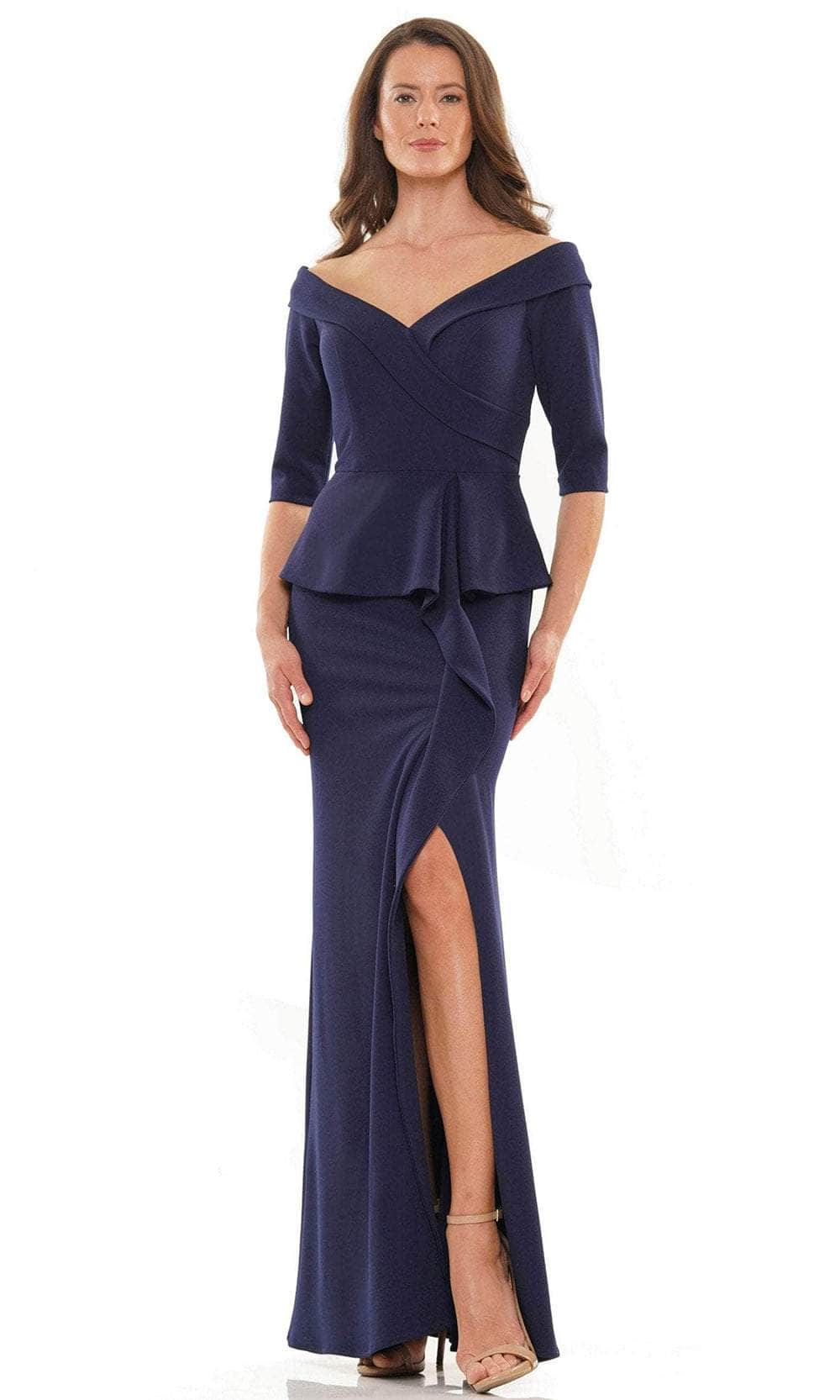 Rina Di Montella RD2764 - 3/4 Sleeves Off Shoulder Long Dress Special Occasion Dress 6 / Navy