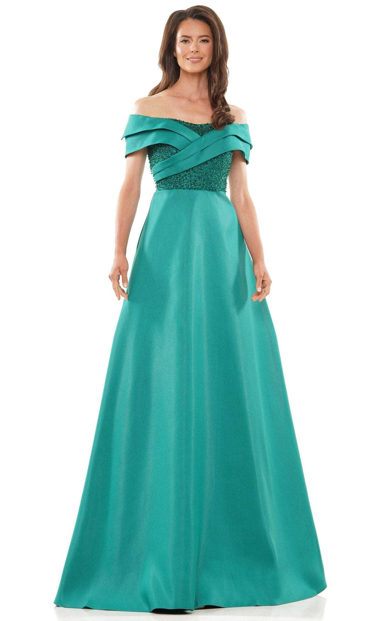 Rina di Montella RD2812 - Pleated Off-Shoulder Formal Dress Special Occasion Dress 4 / Emerald