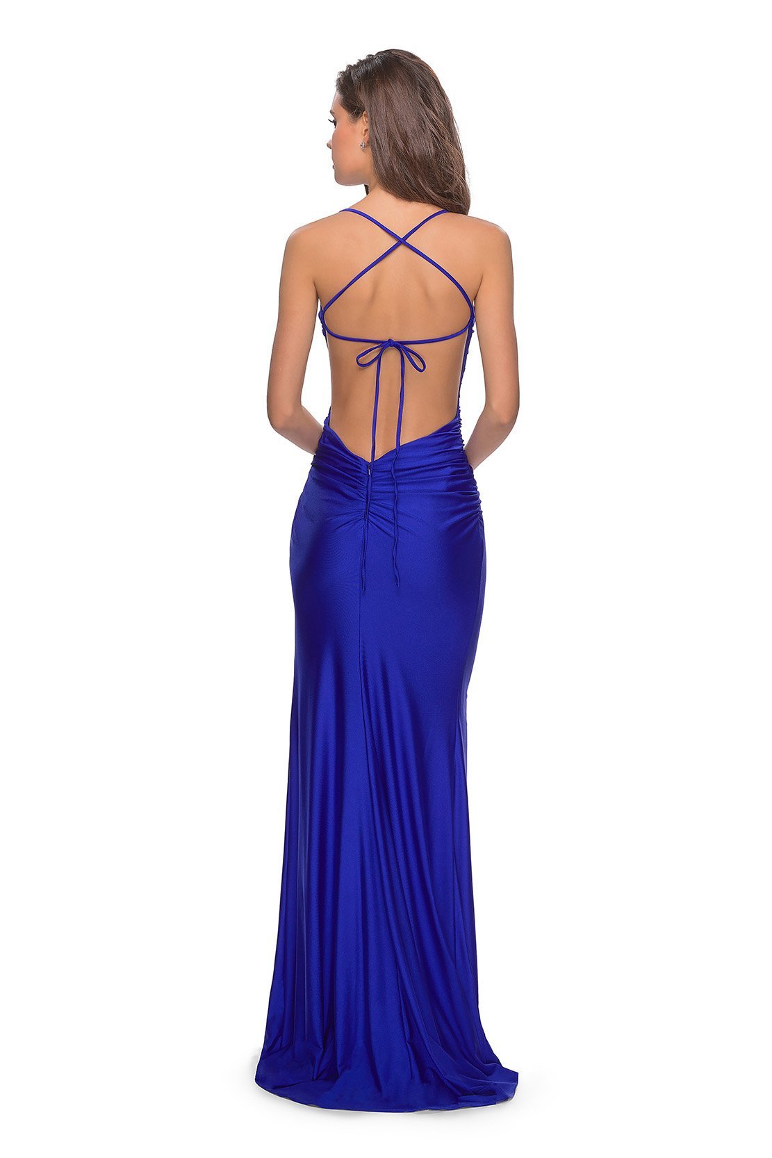 La Femme - Long Tie-Up Back High Leg Slit Dress 28296SC In Blue