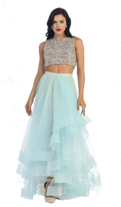 May Queen - Sleeveless Two-Piece Beaded Top Hi-low Evening Dress in Blue