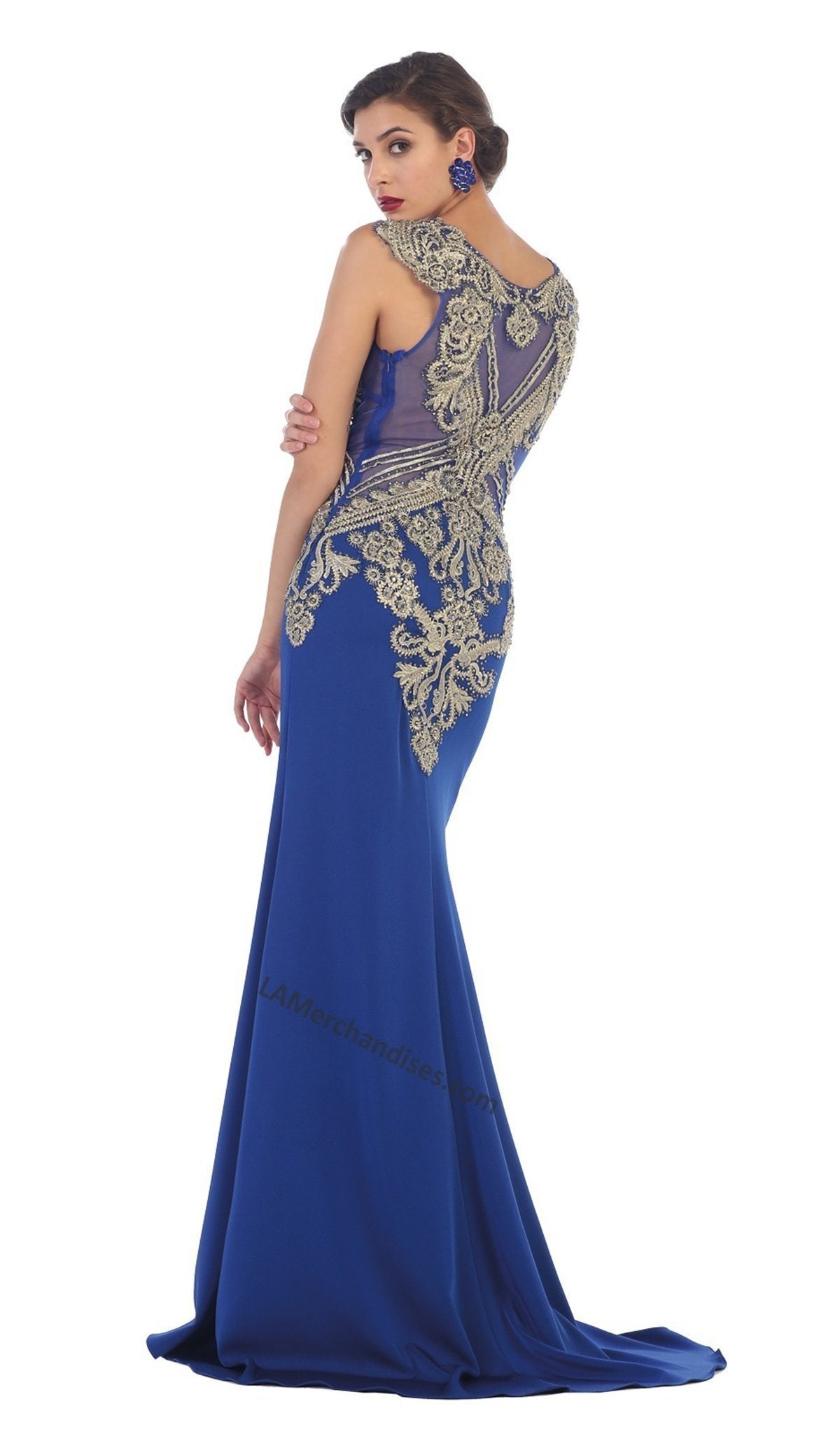 May Queen - Gilded Illusion Jewel Sheath Evening Dress RQ-7434 In Blue and Gold