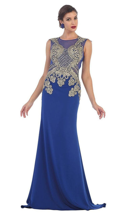 May Queen - Gilded Illusion Jewel Sheath Evening Dress RQ-7434 In Blue and Gold
