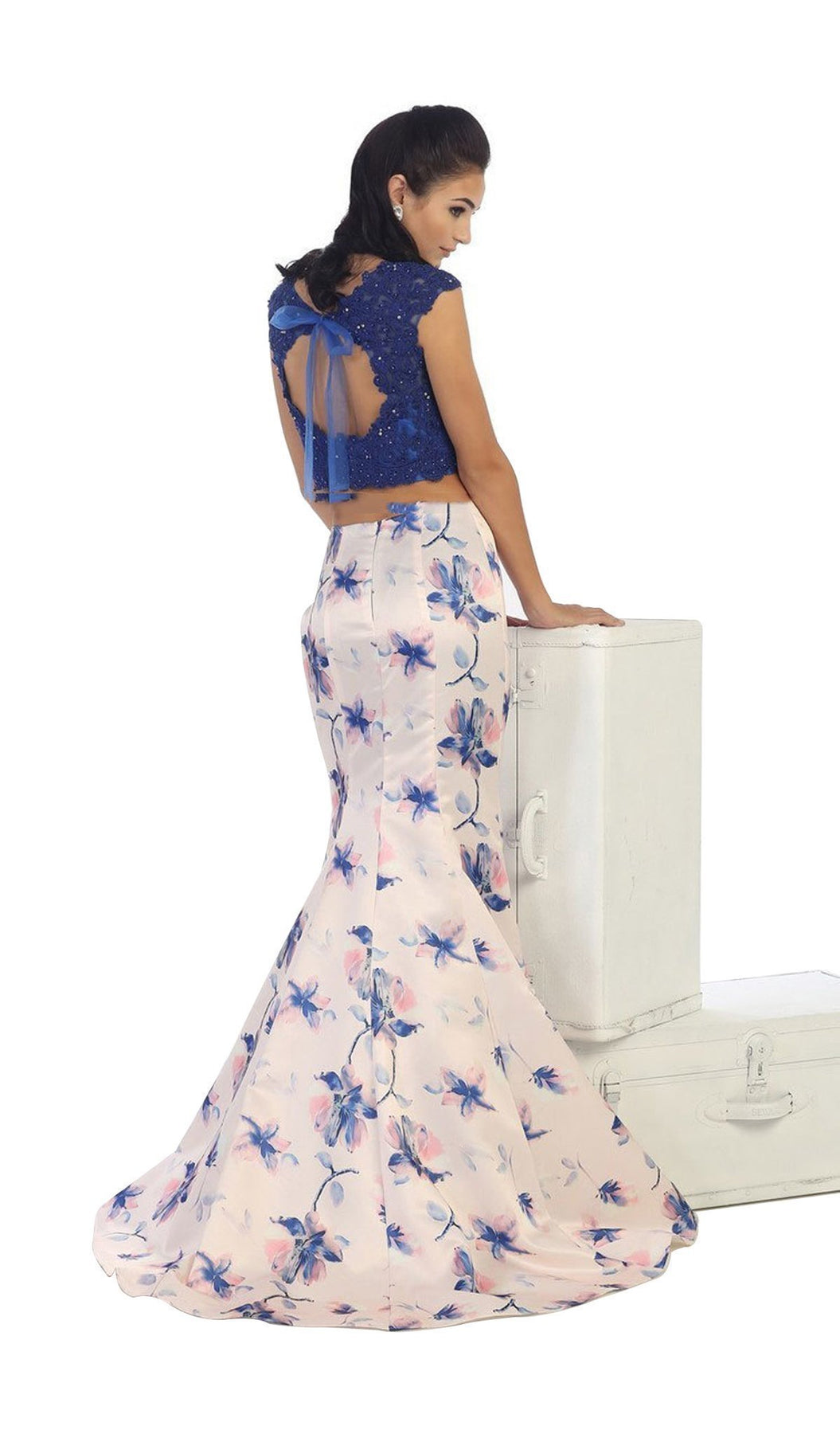May Queen - Bejeweled Lace Applique Two-Piece Mermaid Formal Dress in Blue