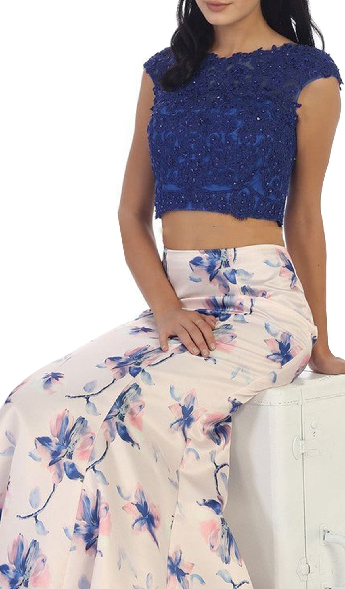 May Queen - Bejeweled Lace Applique Two-Piece Mermaid Formal Dress in Blue