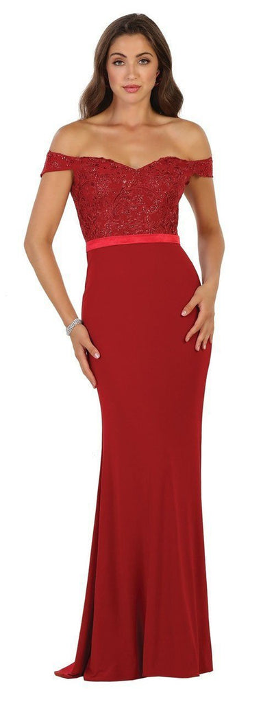 May Queen - RQ7525 Embellished Off-Shoulder Sheath Dress In Red