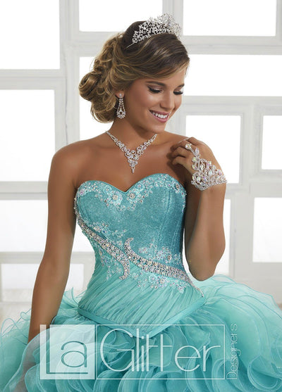 LA Glitter - 24025 Strapless Jeweled Ruffle Ornate Ballgown In Blue and Green