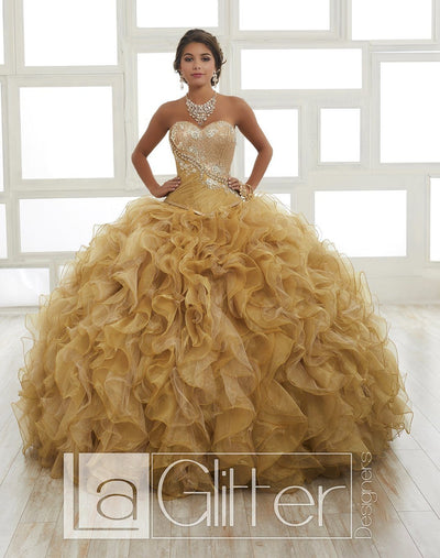 LA Glitter - 24025 Strapless Jeweled Ruffle Ornate Ballgown In Gold