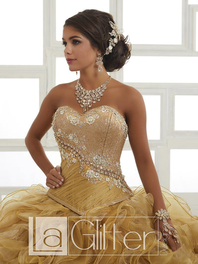 LA Glitter - 24025 Strapless Jeweled Ruffle Ornate Ballgown In Gold