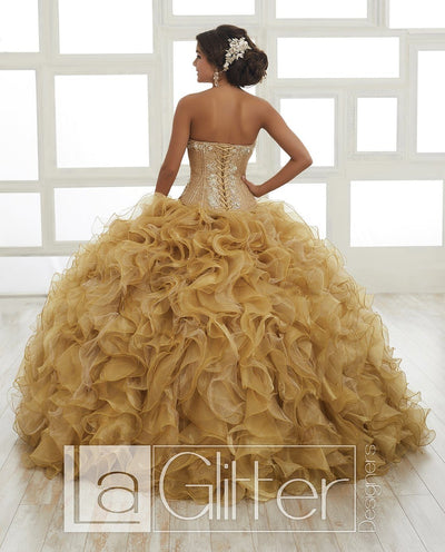 LA Glitter - 24025 Strapless Jeweled Ruffle Ornate Ballgown In Gold