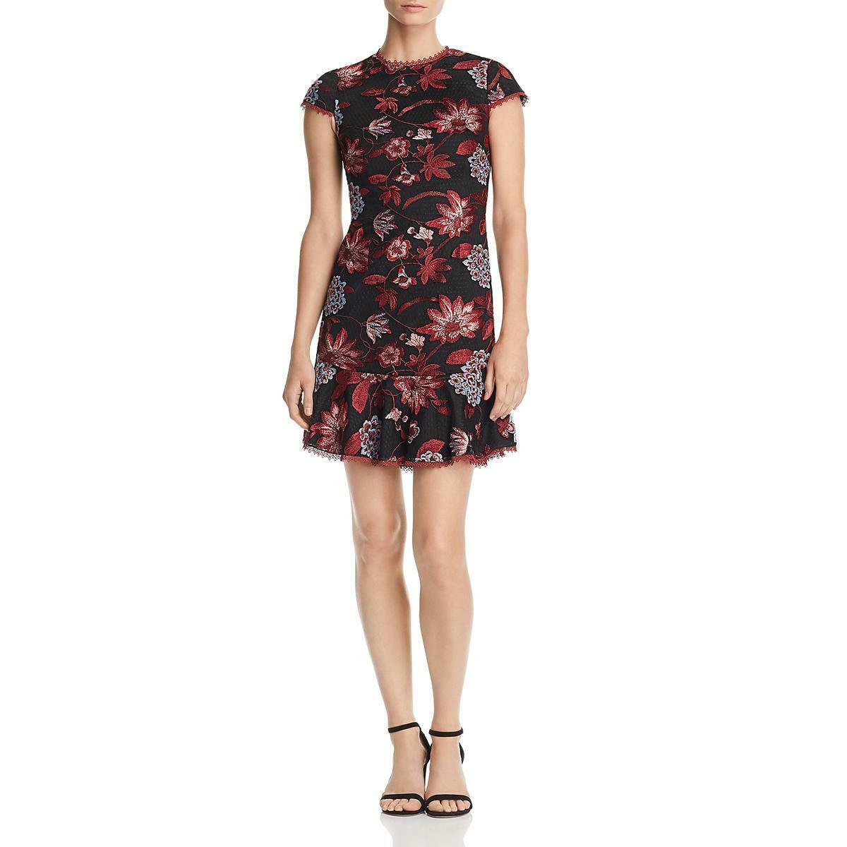 Aidan Mattox - MN1E202938 Floral Bodice Cap Sleeves Short Dress In Red and Black