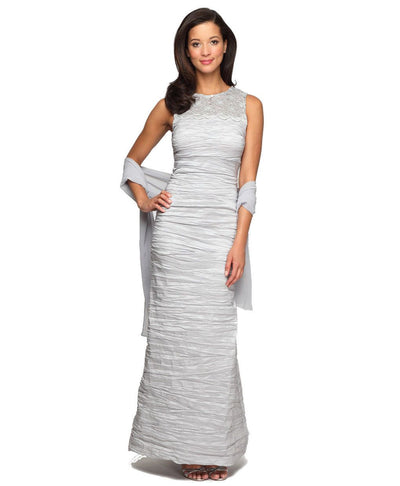 Alex Evenings - 166390 Illusion Lace Ruche-Textured Sheath Gown in Silver