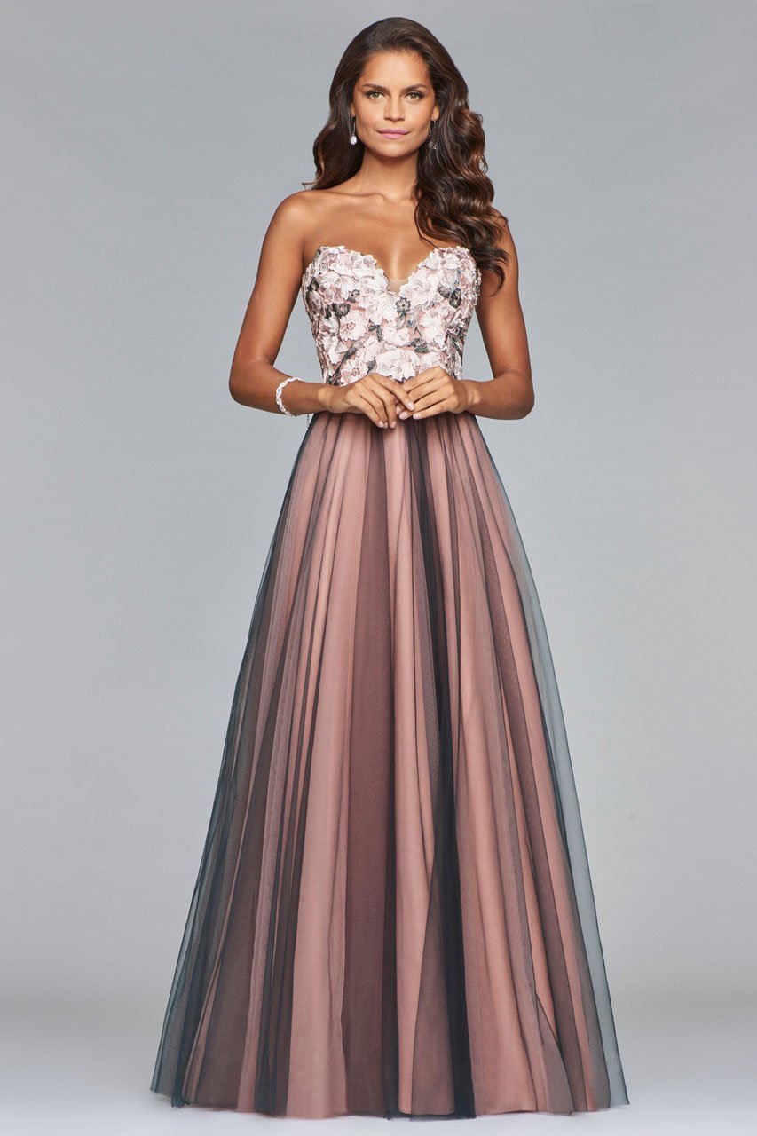 Faviana - Floral Applique Sweetheart A-line Evening Dress s10023 In Pink and Gray