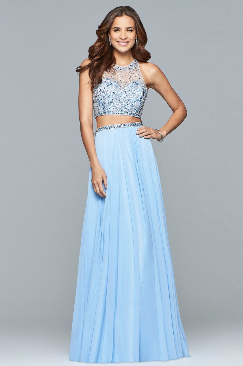 Faviana Beaded Two-Piece Chiffon A-line Gown s10061 in Blue