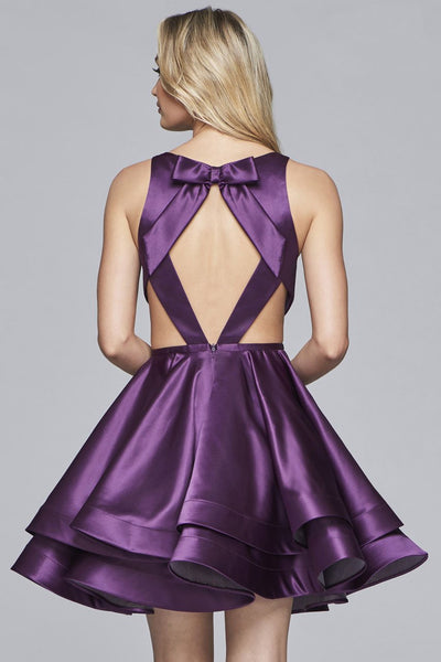 Faviana - S10161 Satin V-neck Layered A-line Dress in Purple