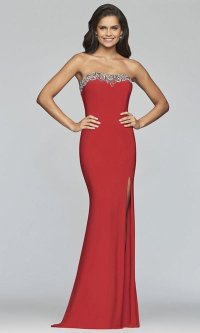 Faviana - S10200 Strapless Beaded Neckline High Slit Evening Dress In Red