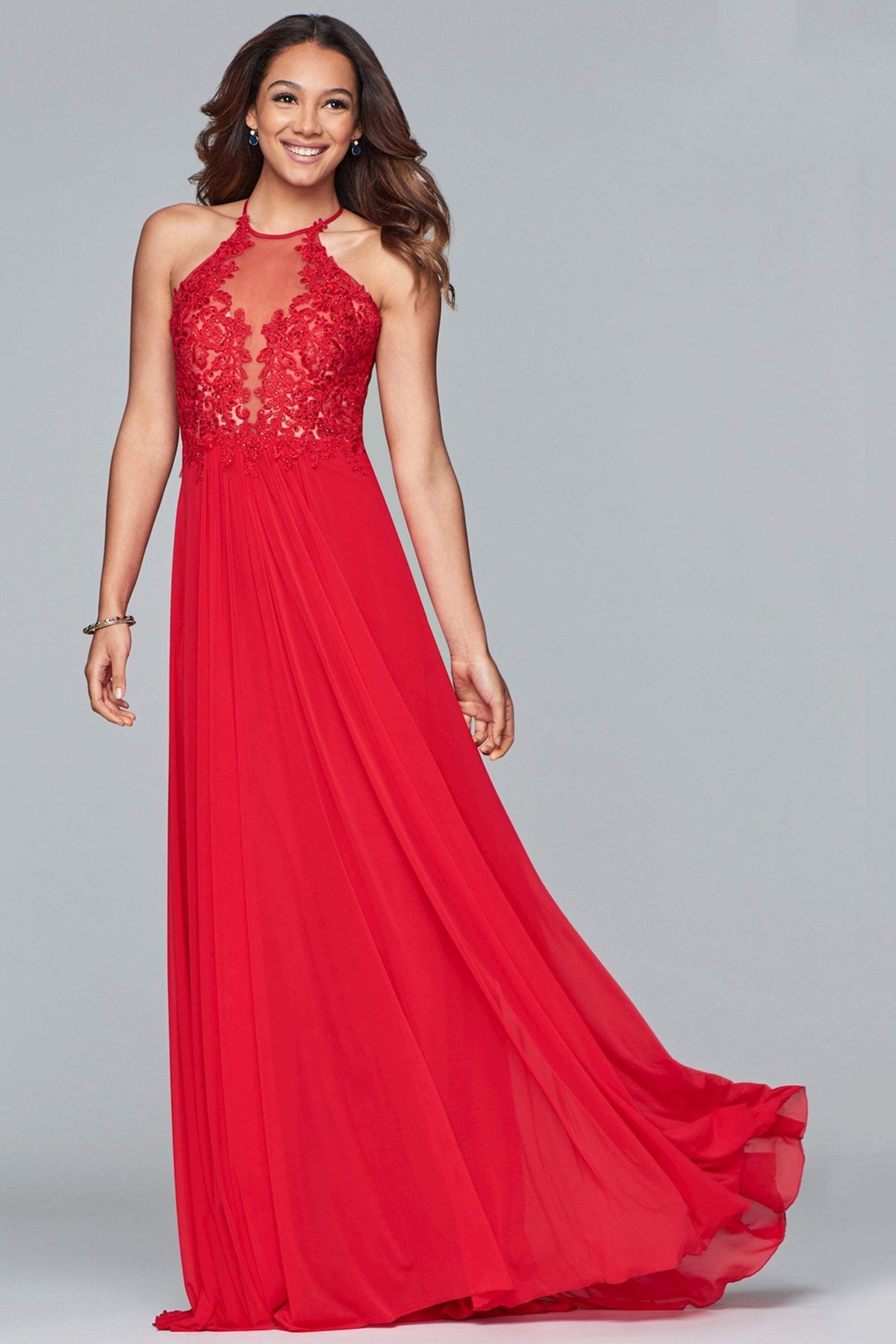 Faviana - Lace Appliqued Illusion Halter Evening Dress S10203  In Red