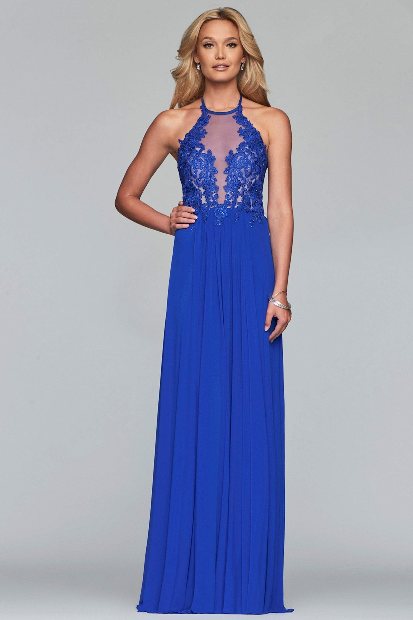 Faviana - Lace Appliqued Illusion Halter Evening Dress S10203  In Blue