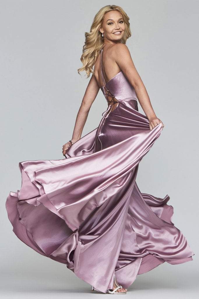 Faviana - S10209 Lace Up Back Satin V Neck Dress in Pink