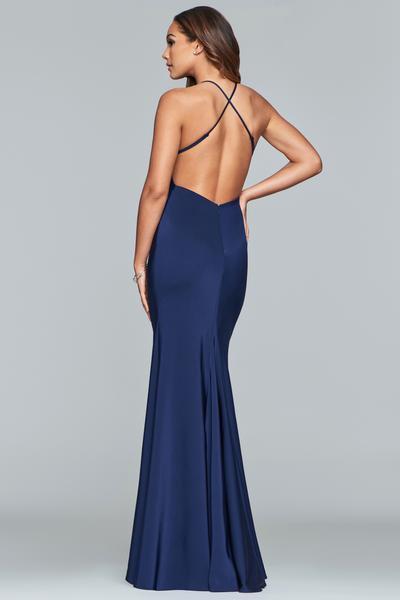 Faviana - V-neck Crisscross Open Back Satin Evening Gown S10214 In Blue